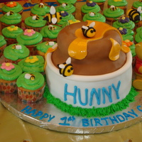 Hunny Pot Cake Hunny Pot surrounded by cupcakes. Fondant with piping gel to make the honey look "wet". Bees made from fondant. Thanks for...