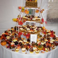 Autumn Cupcake Display Fall themed cupcakes fill a "basket" top tier. Cupcakes are decorated as fall mums, or topped with colored chocolate autumn...