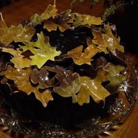 Autumn Cake double dark chocolate cake with dark chocolate filling, double-dark chocolate frosting with gum paste leaves (this pics shows the cake...