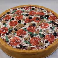 Pizza Cake Fondant crust, buttercream icing top. "Sauce" is raspberry filling, mushrooms & olives are fondant, green peppers and cheese...