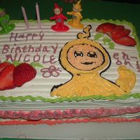 Teletubbies Birthday Cake my girl loves teletubbies, so I made a cake with la-laa..( yellow teletubbie) it was my first cake!!! It wasnt difficult, I made it for her...