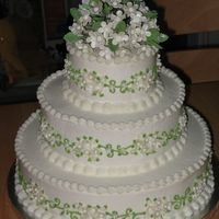 Floral Wedding Cake Wedding cake for co-worker's son's wedding. Based on a Wilton cake, but in green instead of pink. Chocolate and vanilla cake,...