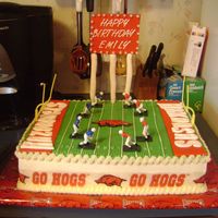 Arkansas Razorback Cake I did this cake for my nieces 10 birthday .Its choc cake with buttercream icing and mmf accents and the players and goal post are plastic....
