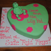 Lily Pad News This is a single layer cake, it is covered in fondant with a frog molded from fondant. I tried to make her look pregnant holding her belly...