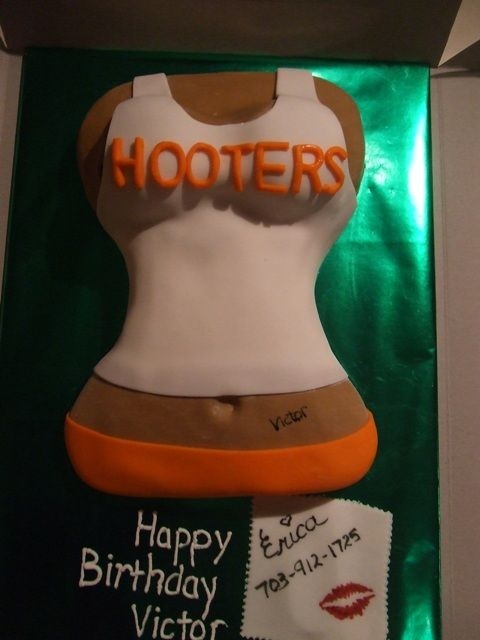 Hooters Girl I did this cake for my bosses birthday. The cake is covered in MMF and the napkin is MMF. I used coconut snow balls for the hooters and an...