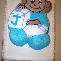 Baby Monkey Shower Cake This cake was made for a monkey themed baby shower. It is iced with Frosting Pride whipped icing. This cake pan is actually a baby bear...