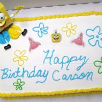 Sponge Bob Themed Birthday Cake Made this for a friend for her sons Birthday . All buttercream with a plastic Sponge Bob toy .
