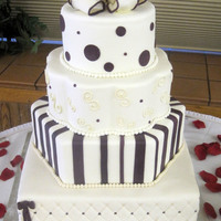 Mixed Shape Tiers In Ivory & Plum 16" square - marble15" hexagon - pumpkin12" petal - carrot8" round - pumpkinAll fondant with gumpaste bow and details