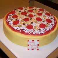 Raffie's Birthday Pizza 14" WASC with fresh strawberries and cream. Airbrushed crust, buttercream sauce, and fondant decorations. Thanks!!