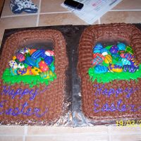 Easter Basket Cakes Two Easter baskets cakes for work. White cake covered by chocolate buttercream icing. Eggs are Reese Peanut Butter eggs coverd with thin...
