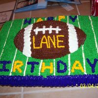 Lsu Birthday Cake 1/2 of the Wilton football pan covered in chocolate buttercream. Field is chocolate cake covered in buttercream icing. Done for a friend...