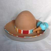 Sombrero With Maracas 6" Round cake 6" tall & sculpted at top. Iced in fondant. Fondant Maracas.