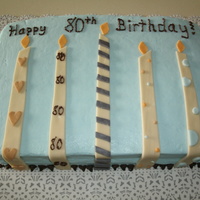 Candle Cake I made this for my grandpa's 80th birthday party. The candles are made using Marshmallow Fondant. Grandpa really enjoyed his cake!