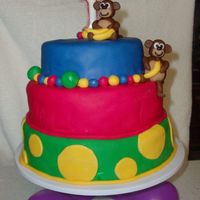 1St Birthday Monkey Business 3 layer fondant covered cake with fondant hand molded monkeys and bananas