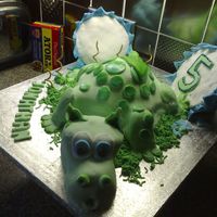 Dragon Cake Baby dragon hatched out of shell. Chocolate sponge cake covered with soft fondant icing.