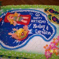 Pool Party For Twins Pool party with handmade fondant people and buttercream icing. First attempt at fondant decorations. Store bought flip flops and trees.