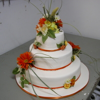 My First Wedding Cake My first ever stacked construction. Three different flavors (Chocolate, vanilla and lemon). Convered in fondant. For an outdoor end-of-...
