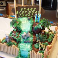 Evan's Birthday Jungle This year he wanted a jungle theme cake with a waterfall and these animals. His mom really likes the name on a sign. So I just piled a loaf...