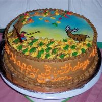 Deer Hunter's Birthday Chocolate cake with cherry filling and bc icing. Decorations all bc.My brother hasn't gotten a deer yet this season so this was 65th...