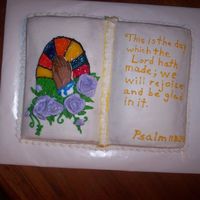 High Attendance Sunday Book cake..1 side white w/pineapple filling, other side chocolate w/choclate filling. FBCT & gels.