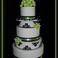Black And White Hydrangea black white and apple green wedding cake, damask print is done with a stencil and royal icing. hydrangeas are gumpaste. thanks for looking...