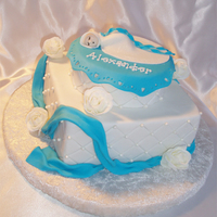 Square Christening Christening cake for a little boy. All MMF, including baby and roses. Roses and baby's clothing also dusted with lustre dust