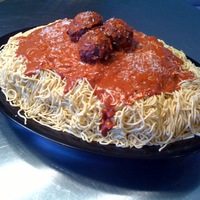 Spaghetti And Meatballs Cake I have seen this cake done on cake central before and I just had to try it for a birthday party. This is two 8 inch layer cakes torted and...