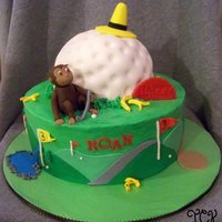 Monkey Golf Birthday Buttercream iced, fondant/gumpaste decor. Golf ball is cake iced in buttercream and covered in fondant.