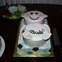 Baby Cake 2 (2) 2-layer 6" cakes makes the baby, one 2-layer 9x13 sheet cake makes the blanket, all cake is chocolate with nutella/raspberry...