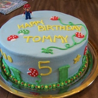 Tommys Mario 10" white cake iced with vanilla butter cream icing. Mario is a purchased figurine.