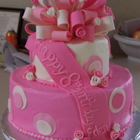 Edens Cake White cake iced with vanilla butter cream icing. Bows, roses, dots and banner are gumpaste and fondant.