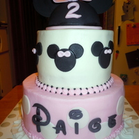Minnie Mouse Cake With Ruffles This is a 9"/6" round two tier cake frosted in buttercream with fondant accents. The Minnie hat is half a styrofoam ball covered...
