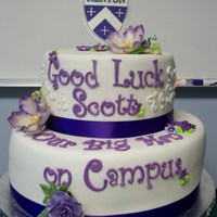 Going Away Party Vanilla Cake with rolled fondant icing. Kenyon college logo was created on a Canon printer and placed on a gumpaste plaque.