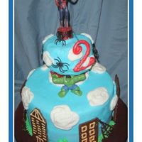 Super Hero Cake With Spiderman And Hulk 4" dark chocolate cake over 10' confetti cake with strawberry creme filling and bc icing. Hershey bar houses. Fondant number 2...