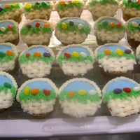 Jelly Beans In A Basket My Moms group was having an Easter Egg Hunt. I was feeling a Decorator urge. Yellow cupcakes with buttercream Icing and jelly beans. They...