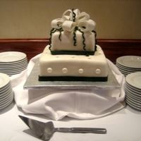 Wedding Shower - Stacked Fondant Squares 10" and 6" square cakes (vanilla w/strawberry filling and cream cheese icing) covered in fondant, with fondant ribbon borders,...