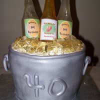 Beer Bucket 3 sugar bottles in a fondant covered cake "Bucket" with sugar ice cubes. this cake was for a 40th birthday.