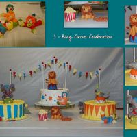 3-Ring Circus Celebration Three circus rings depicting lion, elephant, and seal acts. Each cake is adorned with a whimsical circus clown. Animals and clowns are made...