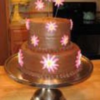 Pnkbrwn.jpg Chocolate cake, filled and iced with chocolate buttercream. Yummy! Fondant flowers, and shell border.