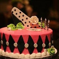 Fayes_Birthday.jpg 10" cake iced in buttercream with fondant/gumpaste shoe and diamond decorations.