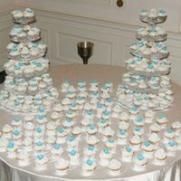 Blue Hydrangea Cupcake Wedding Cake 250 Cupcake wedding cake (white, carrot cake and red velvet). The blue hydrangeas are handmade out of gumpaste. The white circles with the...