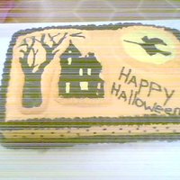 Spooky House Orange confetti cake iced all in buttercream. Witch house and tree are FBCT. Found the temptlate for the house on here but can't...