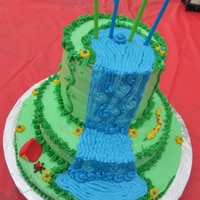 Waterfall Cake Chocolate and yellow layers, 12 in, 10 in and three 6 in. My youngest son requested a waterfall cake for his 4th birthday