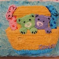 Noah's Ark Baby Shower Cake Bottom sheet cake cream cheese icing, rasberry cream cheese filling. Top cake BC.