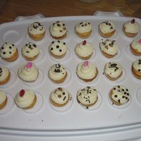 Mini Cupcakes Mini cupcakes made with leftover batter from ice cream cone cupcakes. Decorated with jimmies, smarties, and choco chips.