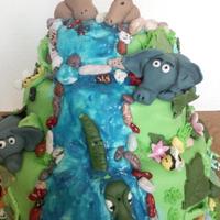 Jungle Cake Fondant animals, bees, flowers, candy chocolate rocks, blue glitter gel