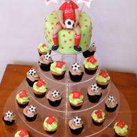Liverpool Soccer Birthday 6" Top cake with gumpaste figure. Chocolate & Vanilla Cupcakes with buttercream.