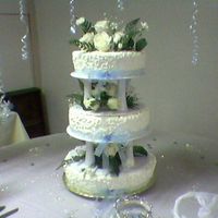 Wedding Cake almound cake with buttercream, use real roses for decoration, and blue ribbons