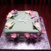 21St Birthday Cake Vanilla cake covered in MMF, gumpast flowers and royal icing butterflies