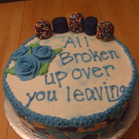 Goodbye Chocolate cake, buttercream icing filing with a hint of Bailey's Irish Cream; buttercream icing, chocolate "mosaic" pieces....